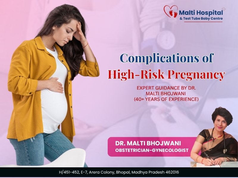 Pregnant woman worried about complications of high-risk pregnancy with expert guidance by Dr. Malti Bhojwani at Malti Hospital & Test Tube Baby Centre in Bhopal
